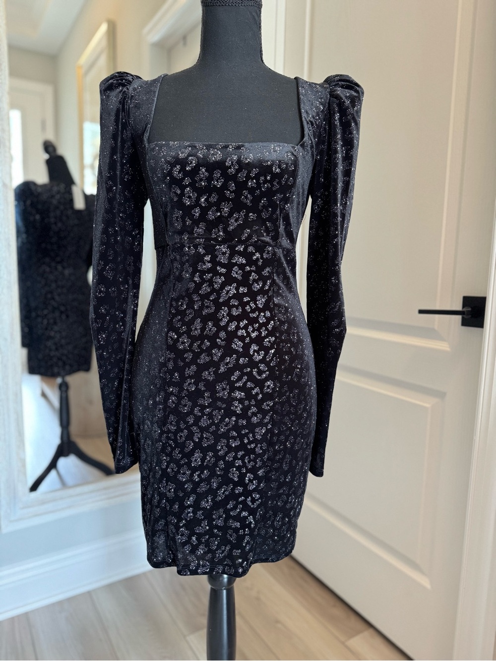 Black Glitter Leopard-Print Velvet Mini Dress